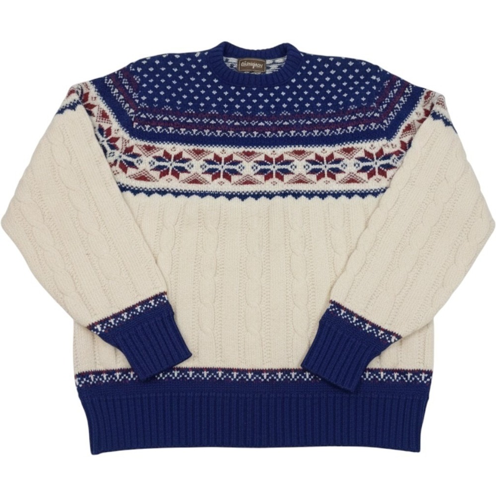 VTG Campus Mens L Fair Isle Cable Knit Sweater USA Nordic Apres Ski Grandpacore